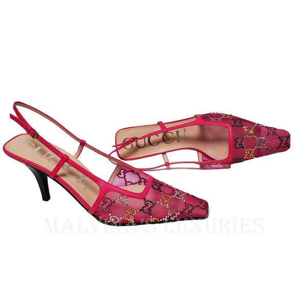 GUCCI SHOES FUCHSIA MESH w GG CRYSTALS SLINGBACK SANDALS sz 40 10 US - Picture 5 of 15